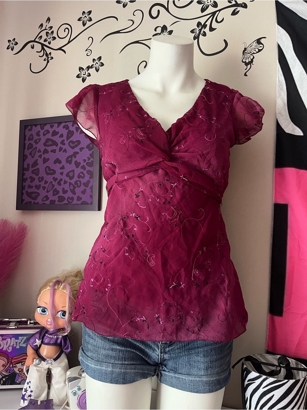 Denver Hayes Magenta Embroidered V-Neck Blouse